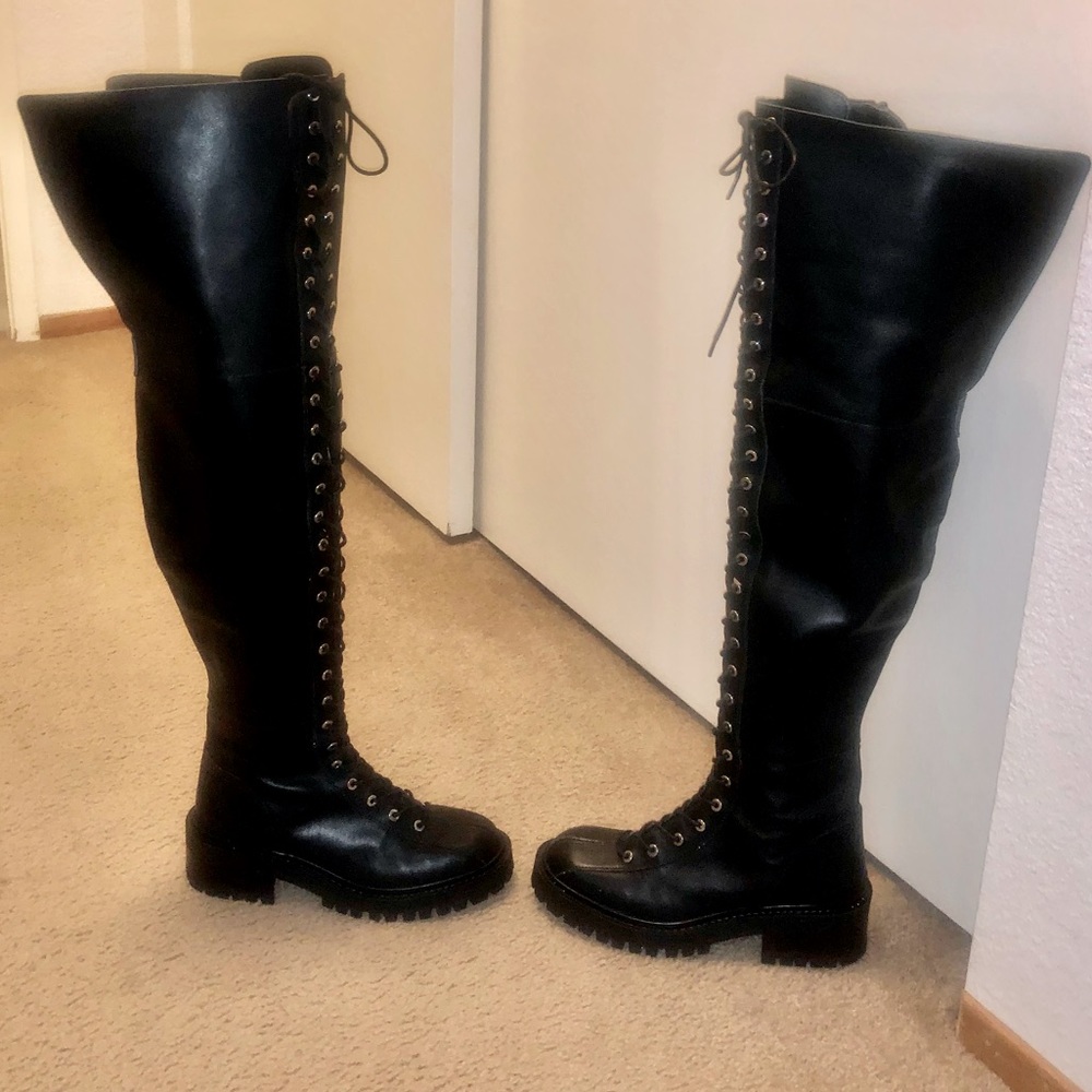 NWOT Zara Thigh High Genuine Leather Lace Up Boots Lug Sole. - Picture 11 of 16